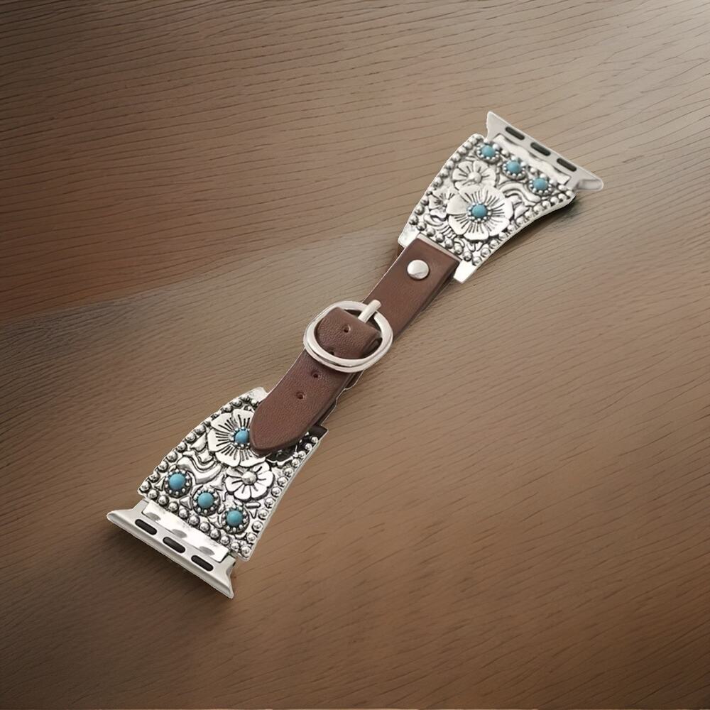 Cowgirl Apple Watch Band, Zinc Alloy W/Turquoise & Faux Brown Leather, NEW